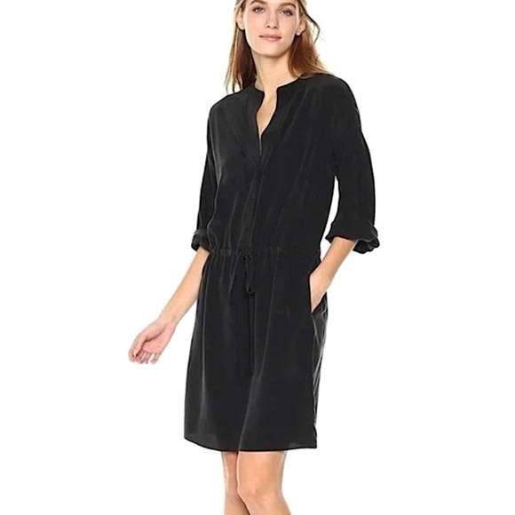 VINCE Black Silk Dress Drawstring Waist Long Sleeve - Picture 4 of 7